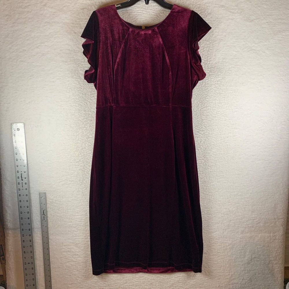 VTG Liz Claiborne Womens Velvet Maroon Short Sleeve Casual Midi Sheath Dress 16